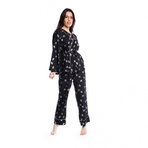 Yaldızlı Varak Baskı Siyah Bayan Pijama Takımı XL