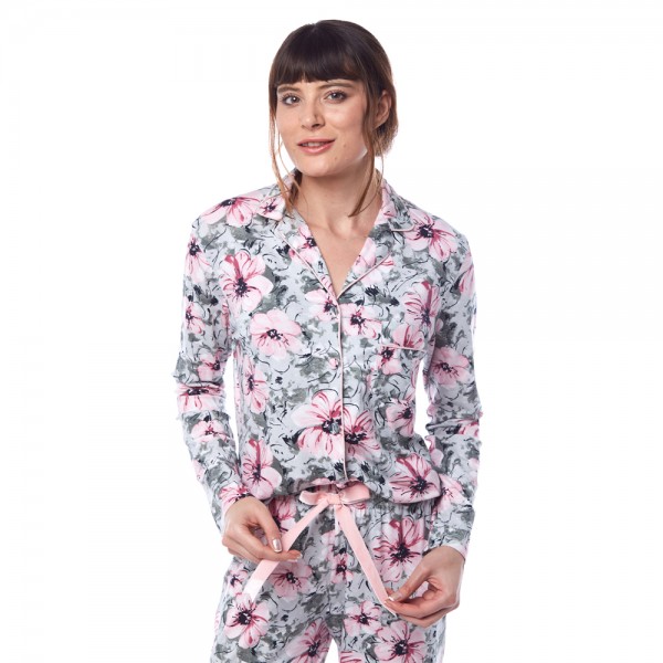 Çiçek Desenli Viskon Gömlek Pijama Takımı L